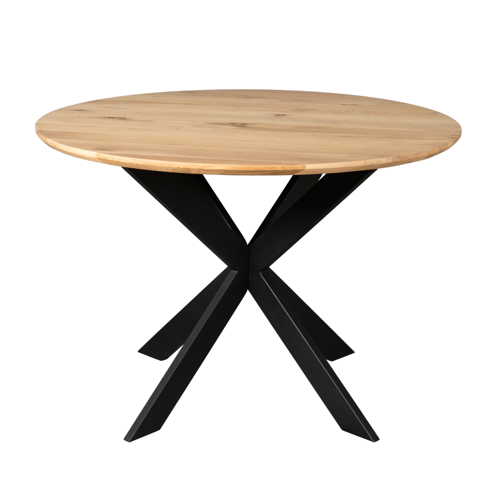 Esstisch Evoque Natur – runde FSC-Eiche Ø110 cm, 3 cm Platte mit Schweizer Kante, Gestell in Schwarz