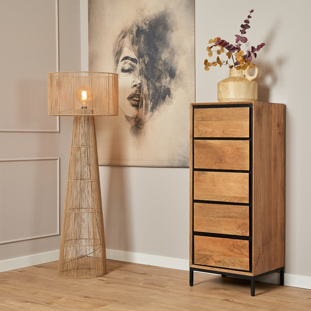 Kommode Rois Mango Natur 50x40x120 cm – moderner Schrank mit 5 Schubladen & Metallgestell