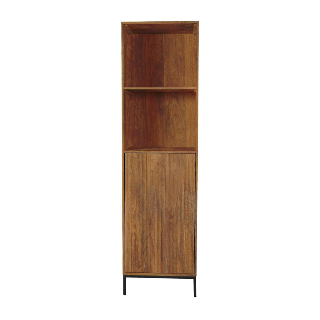 Bücherregal Mandy Naturfarben – Mangoholz mit Lamellentür & offenen Fächern, 55 x 45 x 200 cm