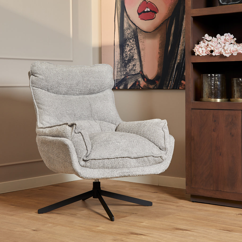 Sessel Vera Hellgrau – moderner Drehsessel mit Stoffbezug & Metallgestell, 82×95×96,5 cm