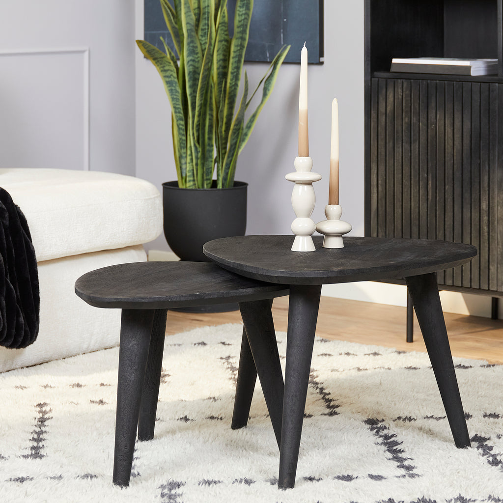 Couchtisch-Set Raven Schwarz – 2er-Set aus Mangoholz mit eingelegten Holzstreifen, 60/50 x 60/50 x 45/40 cm