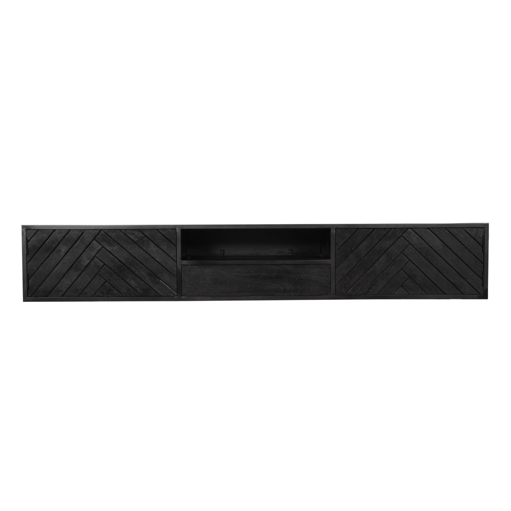 TV-Board Focus Schwarz – schwebendes Lowboard aus Mangoholz mit Fischgrätmuster & offenem Fach, 200 x 35 x 33 cm