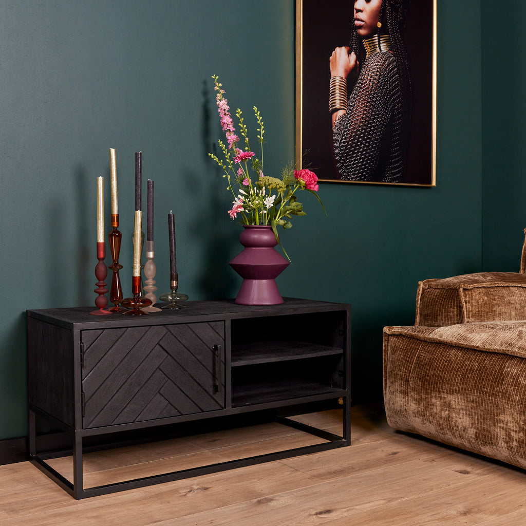 TV-Möbel Sydney Schwarz – Mangoholz mit Fischgrätmuster & Metallgestell, 100 x 45 x 50 cm