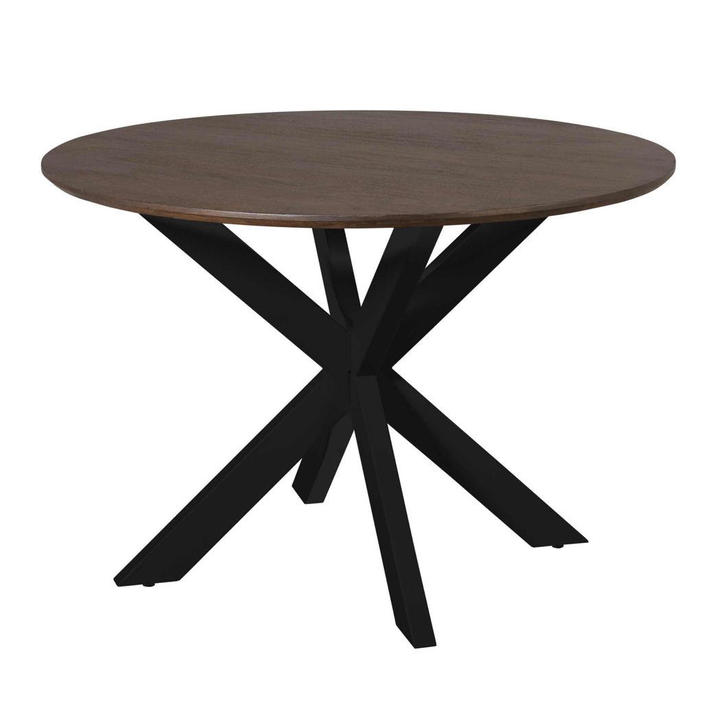Esstisch Mandy Braun rund – Mangoholz & schwarzes Metall, Ø110 x 76 cm, modernes Design für stilvolle Essbereiche