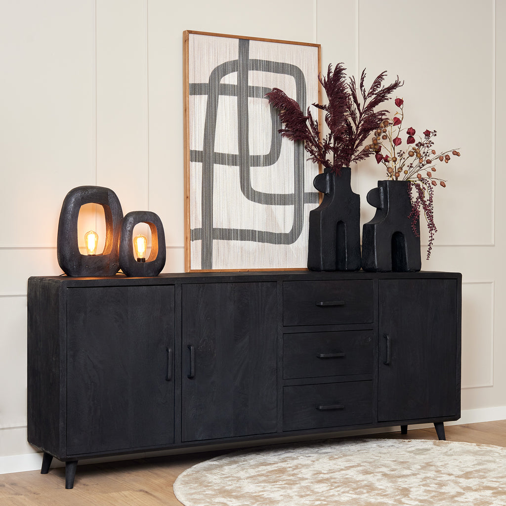 Sideboard Raven Schwarz – Mangoholz mit 3 Türen & 3 Schubladen, 220 x 45 x 90 cm