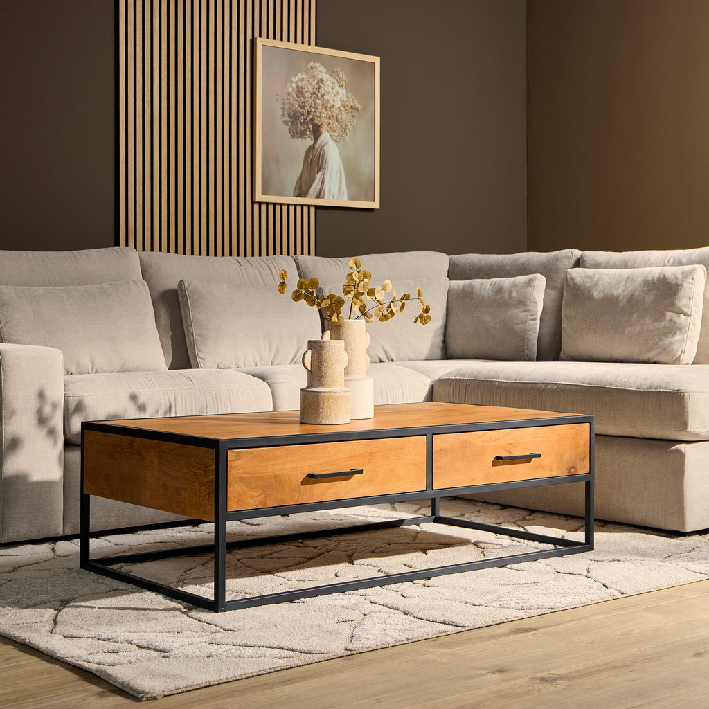 Couchtisch Delta – Mangoholz mit 2 Schubladen & Metallgestell Schwarz, 130 x 70 x 40 cm