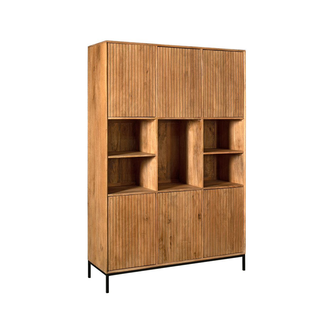 Regal Mandy Natur – Mangoholz mit Lamellenfront, 6 Türen & 5 Fächer, 135 x 45 x 200 cm