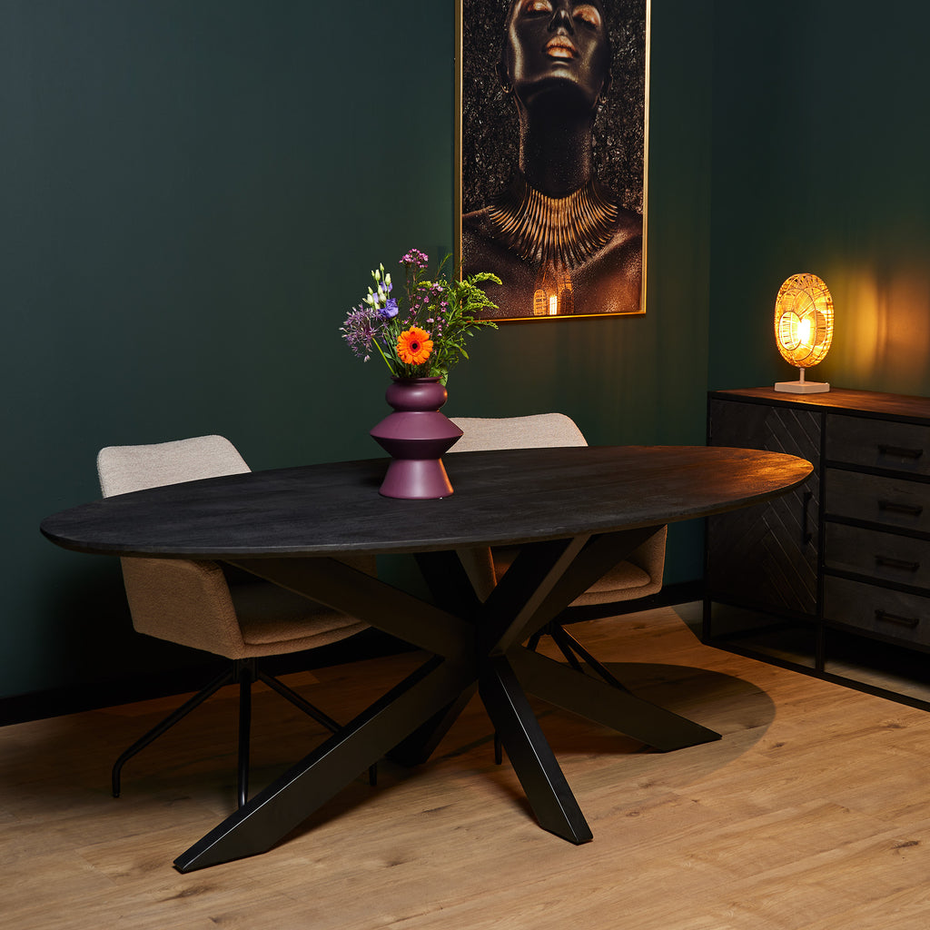 Esstisch Sydney Schwarz – Ovaler Esstisch aus Mangoholz mit Metall-Matrixgestell, 210 x 100 x 76 cm