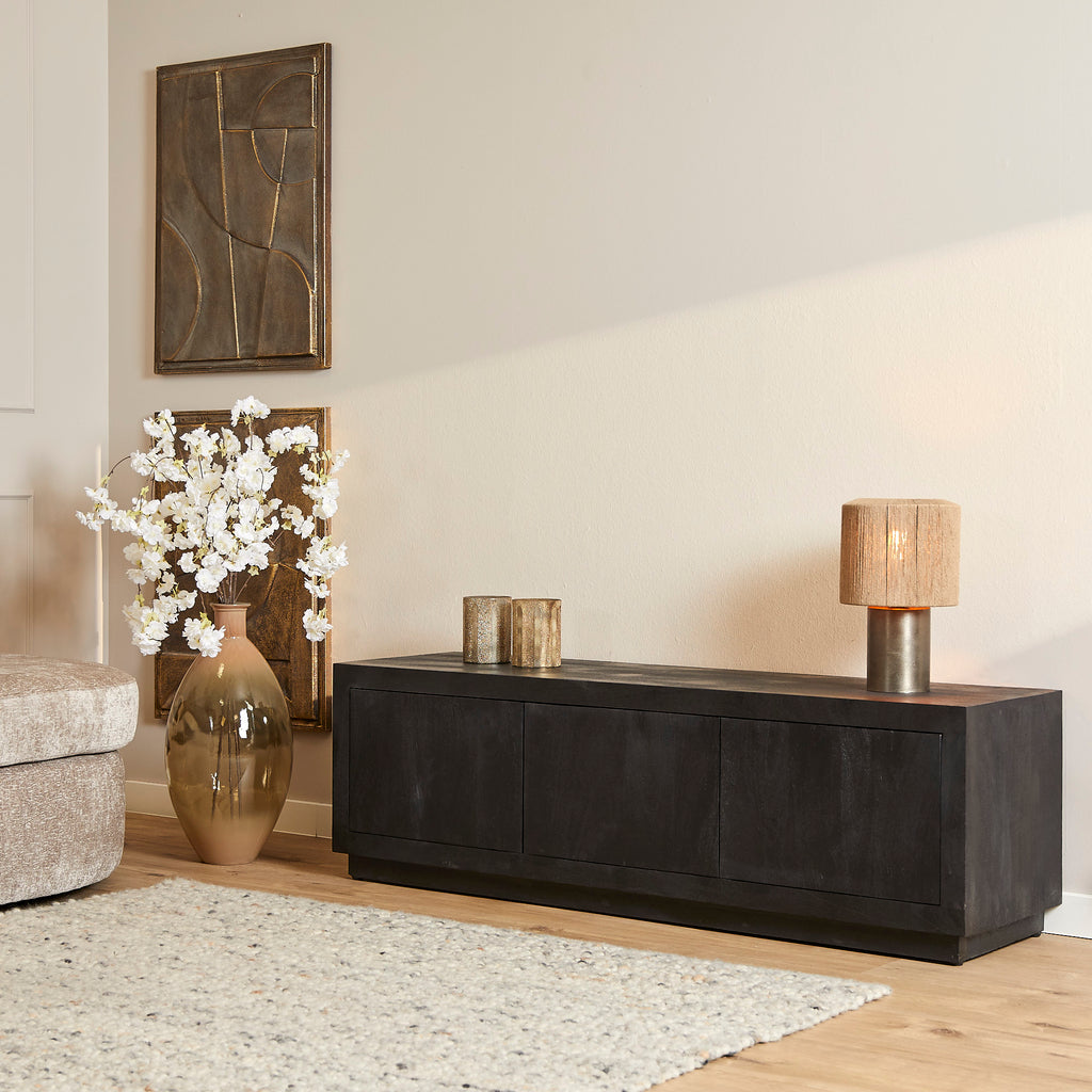 TV-Board Bali Schwarz – Lowboard aus Mangoholz mit Push-to-Open Türen, 150 x 42 x 46 cm