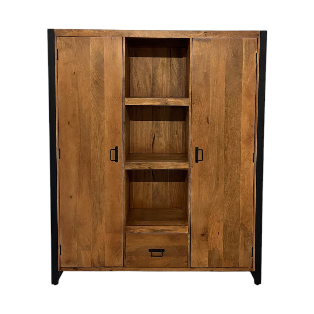 Bücherregal Bori – Regal aus Mangoholz & Metall mit 2 Türen, 1 Schublade & 3 Fächern, 150 x 40 x 180 cm