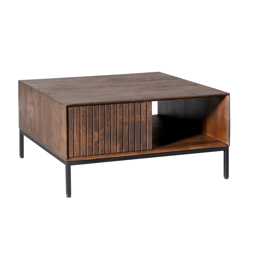 Couchtisch Mandy Brown – Mangoholz, braune Oberfläche, Metallbeine, 80 x 80 x 40 cm, offenes Fach & 2 Schubladen