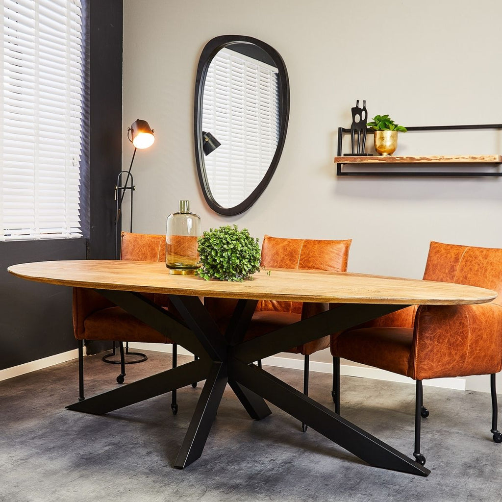 Esstisch Aloy Oval – Mangoholz mit schwarzem Matrixgestell, 240 x 110 x 77 cm, moderner Holztisch