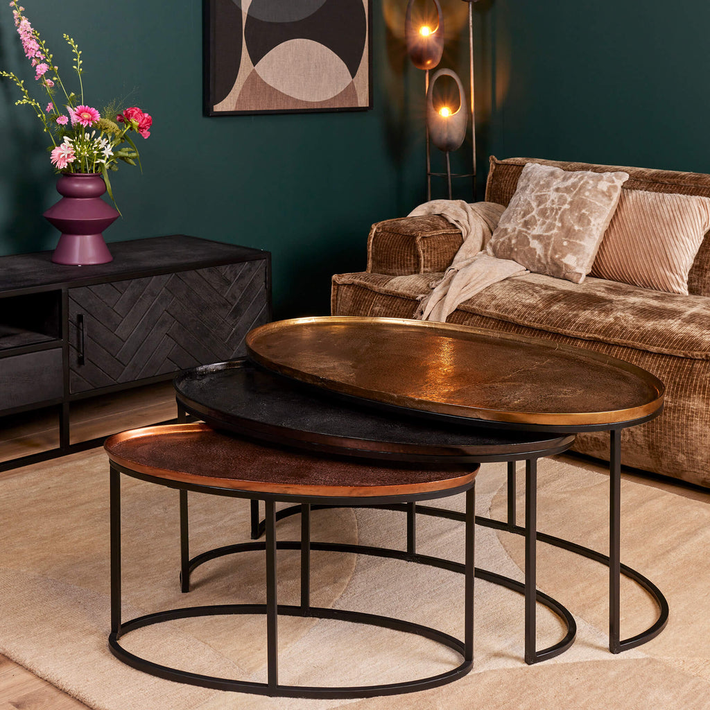 Couchtisch-Set Raley – 3er-Set ovale Aluminiumtische in Bronze & Schwarz