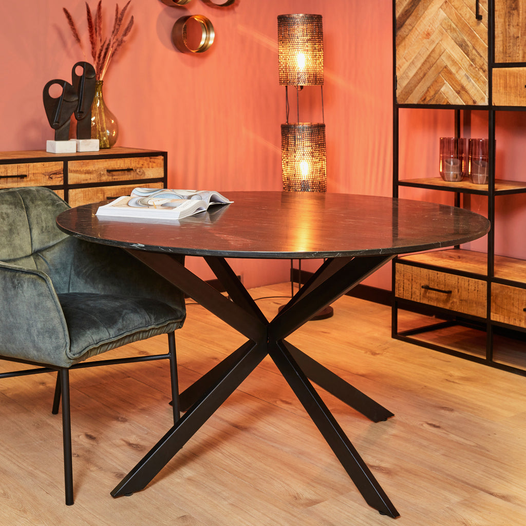 Runder Esstisch Noire – schwarze Marmorplatte & Metallgestell, 130 x 130 x 76 cm, elegant & robust