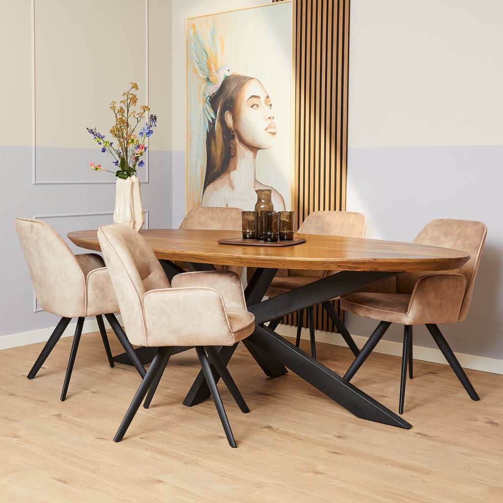 Ovaler Esstisch Jacky – Mangoholz & schwarzes Metallgestell, 210 x 100 x 76 cm, modernes Design