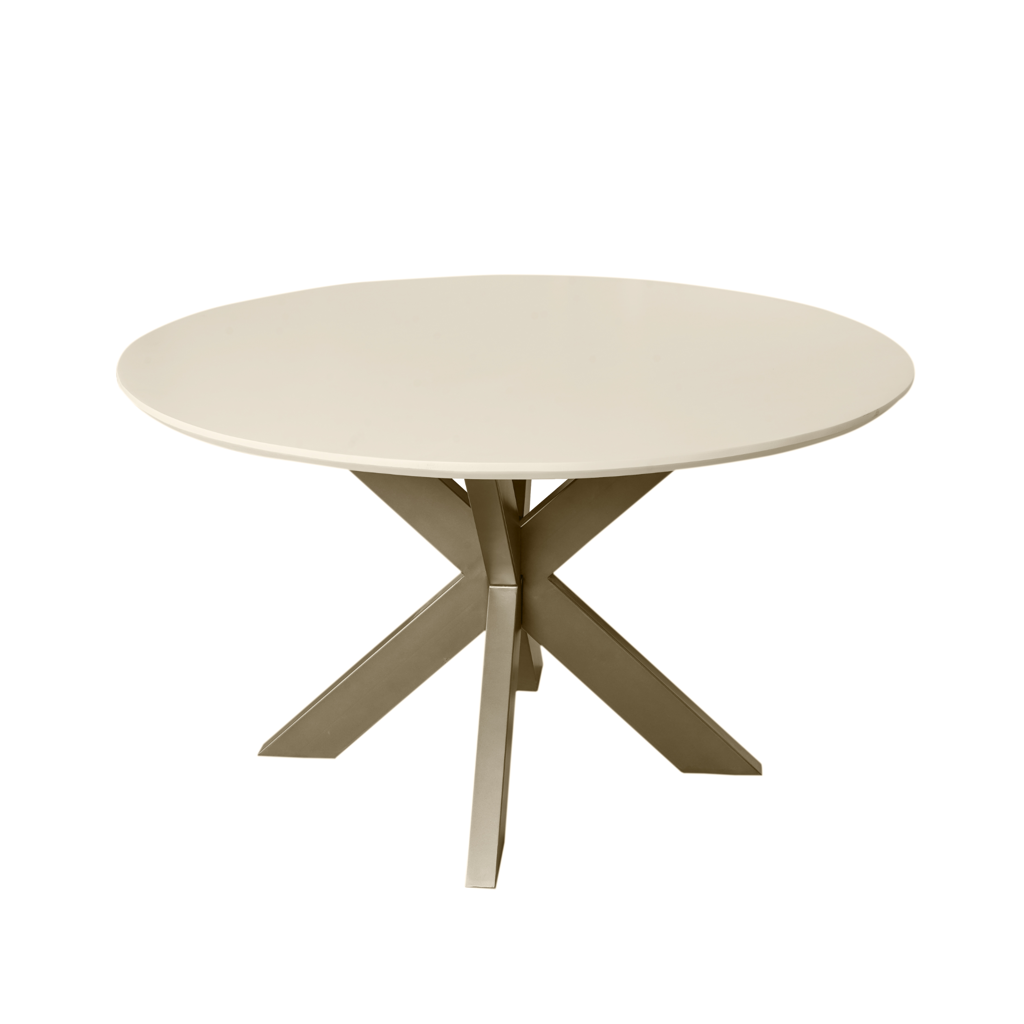 Esstisch Mandy Sand – Runder Tisch aus sandgestrahltem Mangoholz mit bronzefarbenem Gestell, 110 x 110 x 76 cm