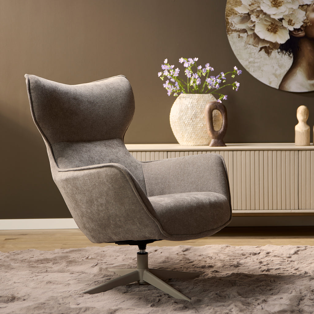 Sessel Jenny 76x78x102 cm – Drehbarer Relaxsessel in Taupe mit Metallfuß