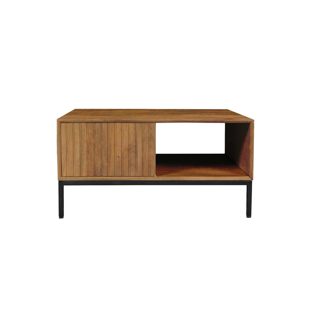 Couchtisch Mandy Naturfarben – Mangoholz mit Lamellen-Design, 80 x 80 x 40 cm, mit Schubladen & offenem Fach