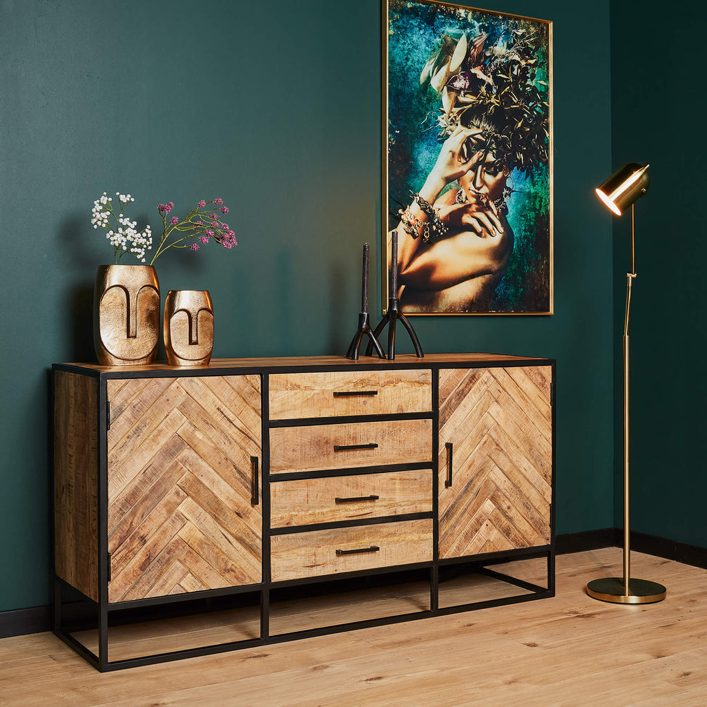 Sideboard Bori Schwarz – Mangoholz mit Metallgestell & 2 Türen, 3 Schubladen, 160 x 40 x 80 cm, modernes Stauraum-Design