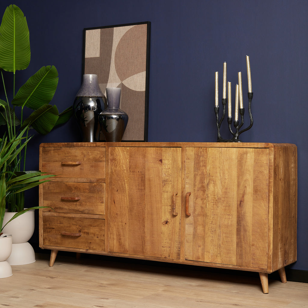 Sideboard Raven 180x45x90 cm – modernes Mangoholz Sideboard mit dekorativer Streifenfront & viel Stauraum