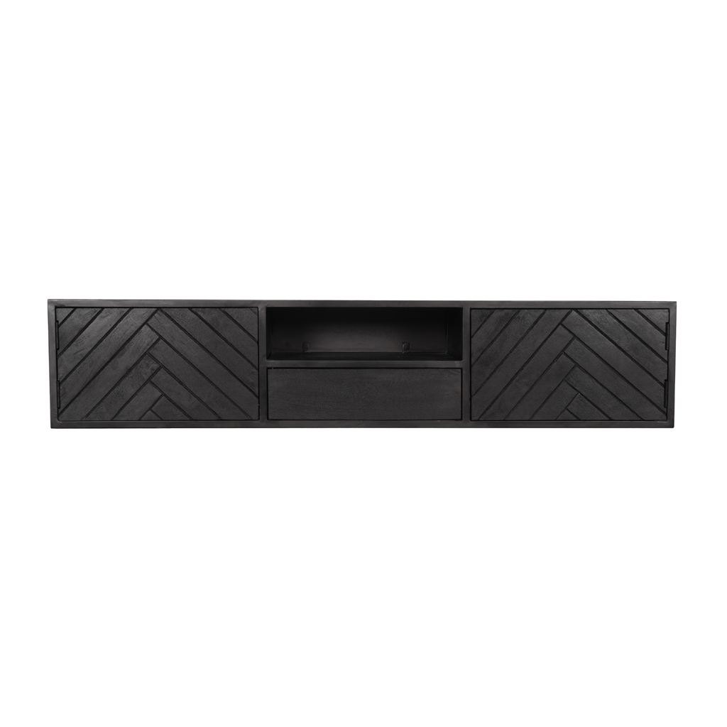 Schwebendes TV-Board Sydney – Mangoholz Schwarz, Fischgrät, 160 x 35 x 33 cm, Offenes Fach, Modernes Design