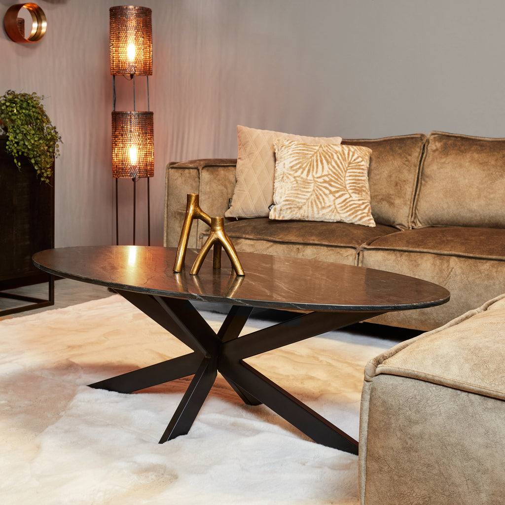 Couchtisch Faye Schwarz – elegantes Design mit Marmorplatte & Metallgestell, 130 x 70 x 46 cm