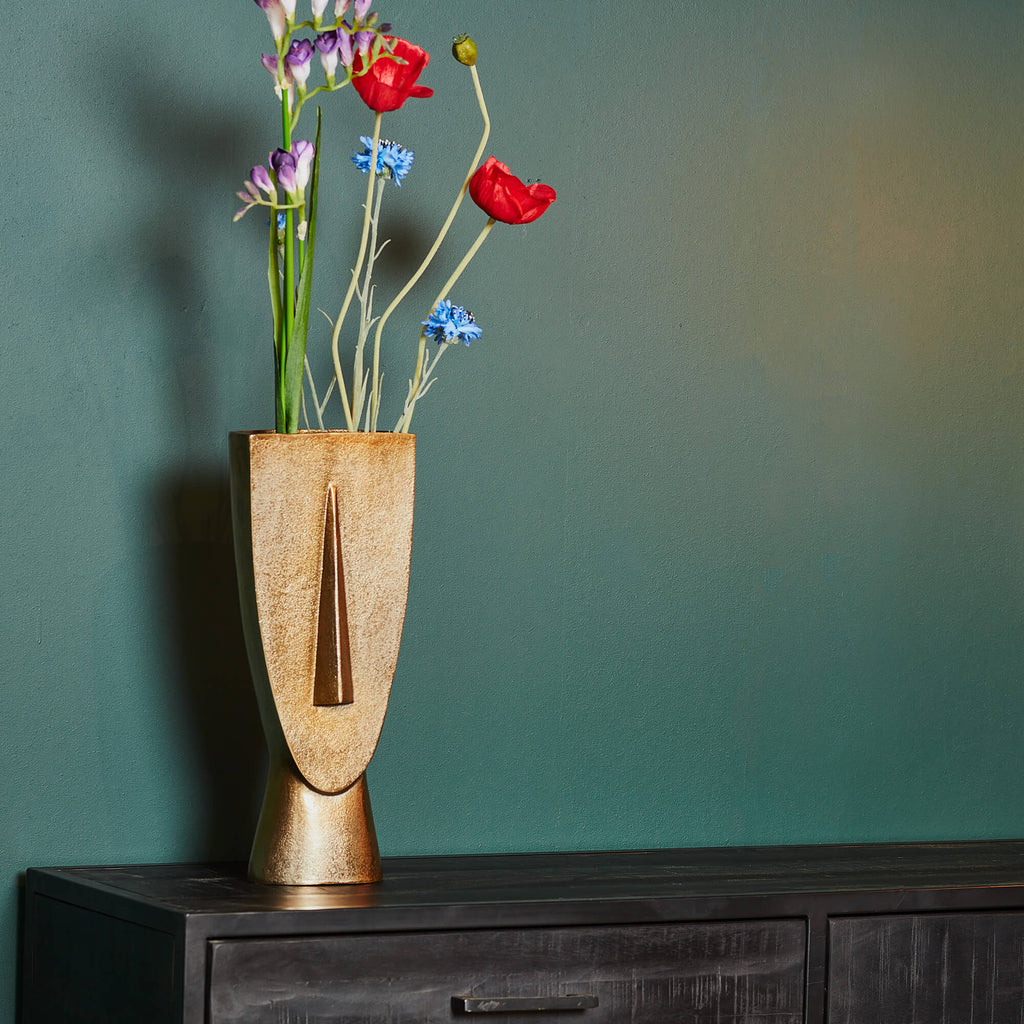 Vase Fin Large 16x8x39 cm – Aluminium in Antikgold, dekorative Metallvase für modernes Wohnen