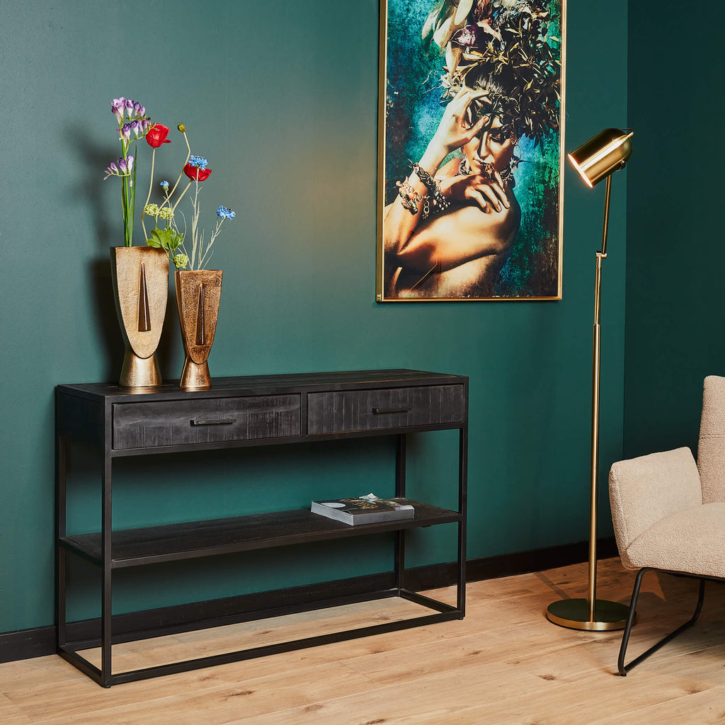 Konsolentisch Delta Schwarz – Tisch aus Mangoholz & Metall mit 2 Schubladen, Regalboden & schwarzen Griffen, 120 x 35 x 76 cm
