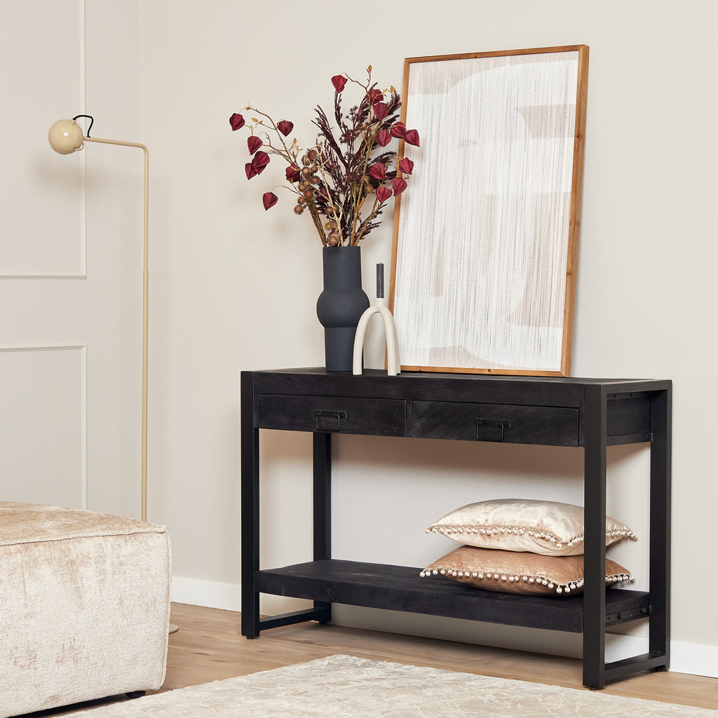 Beistelltisch Bori Schwarz – massives Mangoholz mit Metallgestell und 2 Schubladen, moderner Blickfang für Ihr Zuhause, 120 x 35 x 76 cm