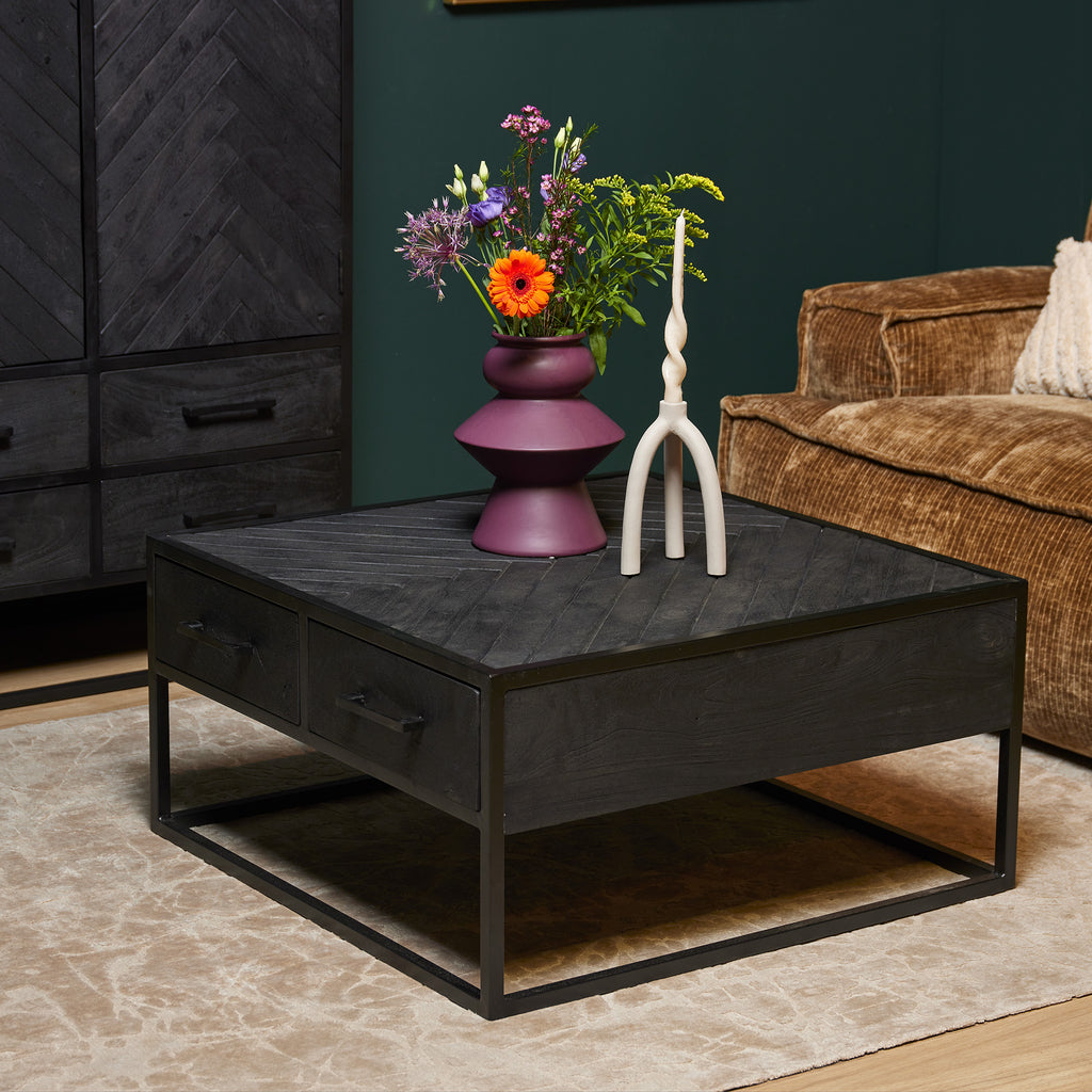 Couchtisch Sydney 80x80x40 cm – Quadratischer Mangoholztisch mit Fischgrätmuster & 4 Schubladen
