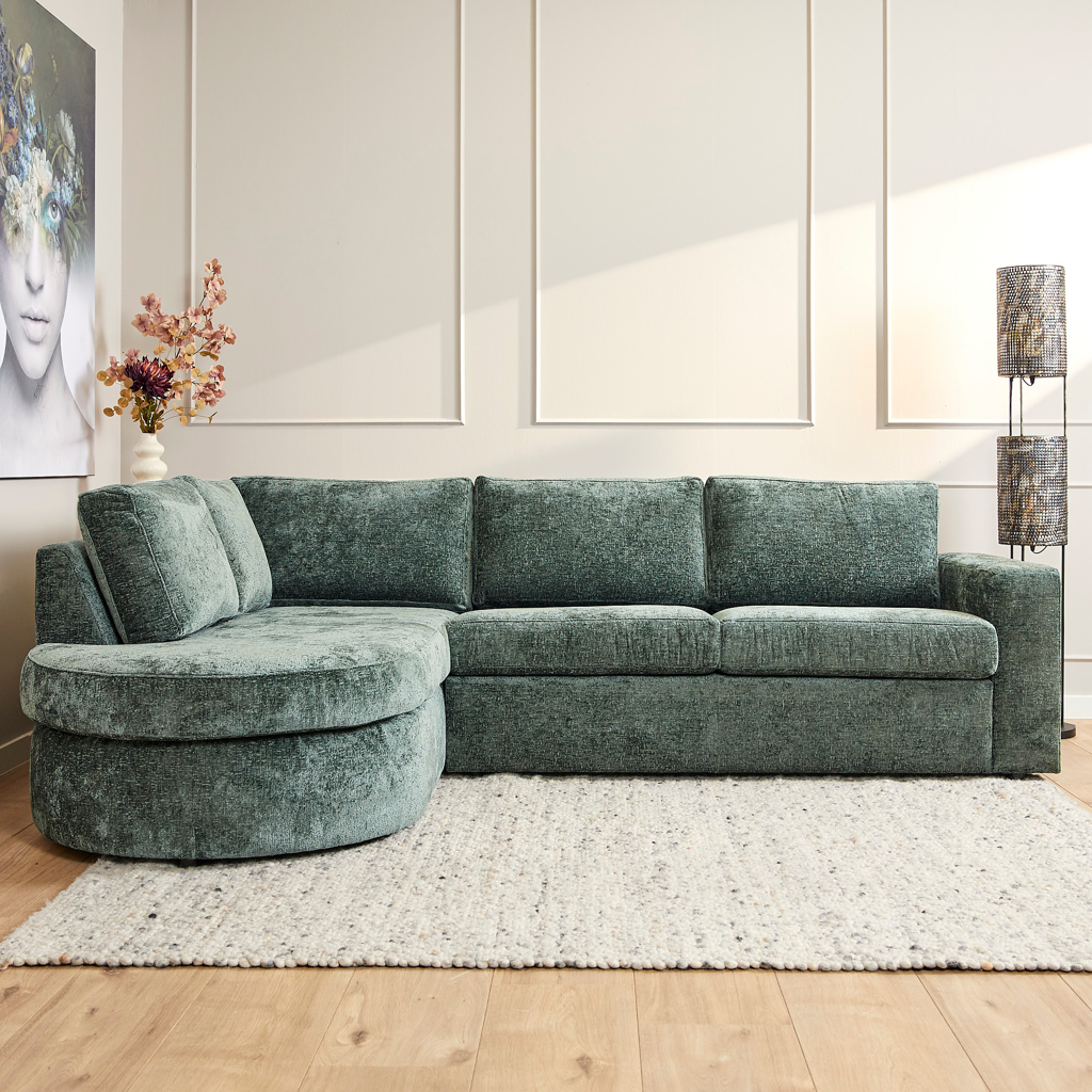 MeinLieblingsplatz Sofa Veronika – 2,5-Sitzer Couch mit Ottomane, Chenille Stoff Grün, 264 x 192 cm