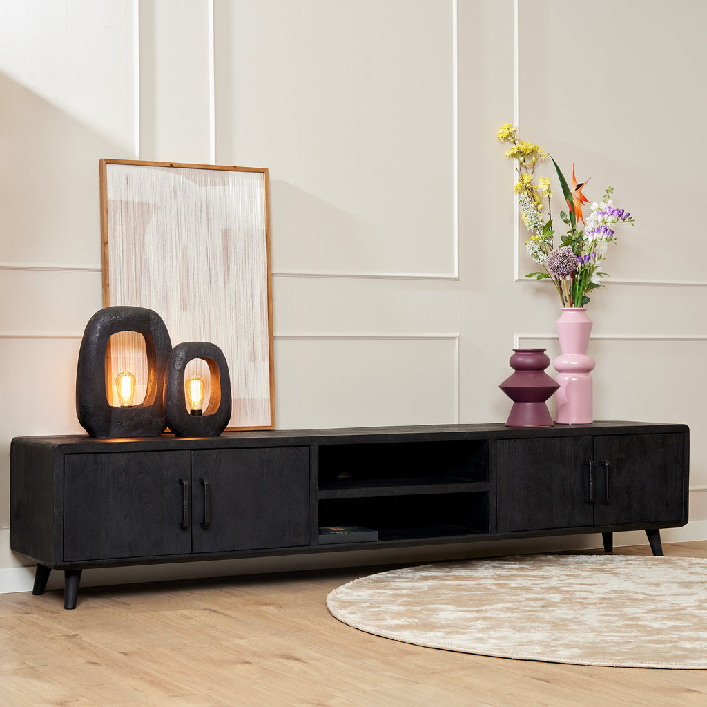 TV-Möbel Raven Schwarz – Mangoholz mit 3 Türen & 2 offenen Fächern, 240 x 45 x 50 cm