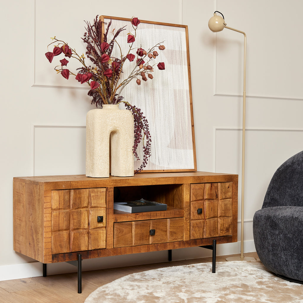 TV Board Jacky – Mangoholz & Metallbein, 120 x 40 x 55 cm, offenes Fach, 2 Türen, 1 Schublade, einzigartiges Design