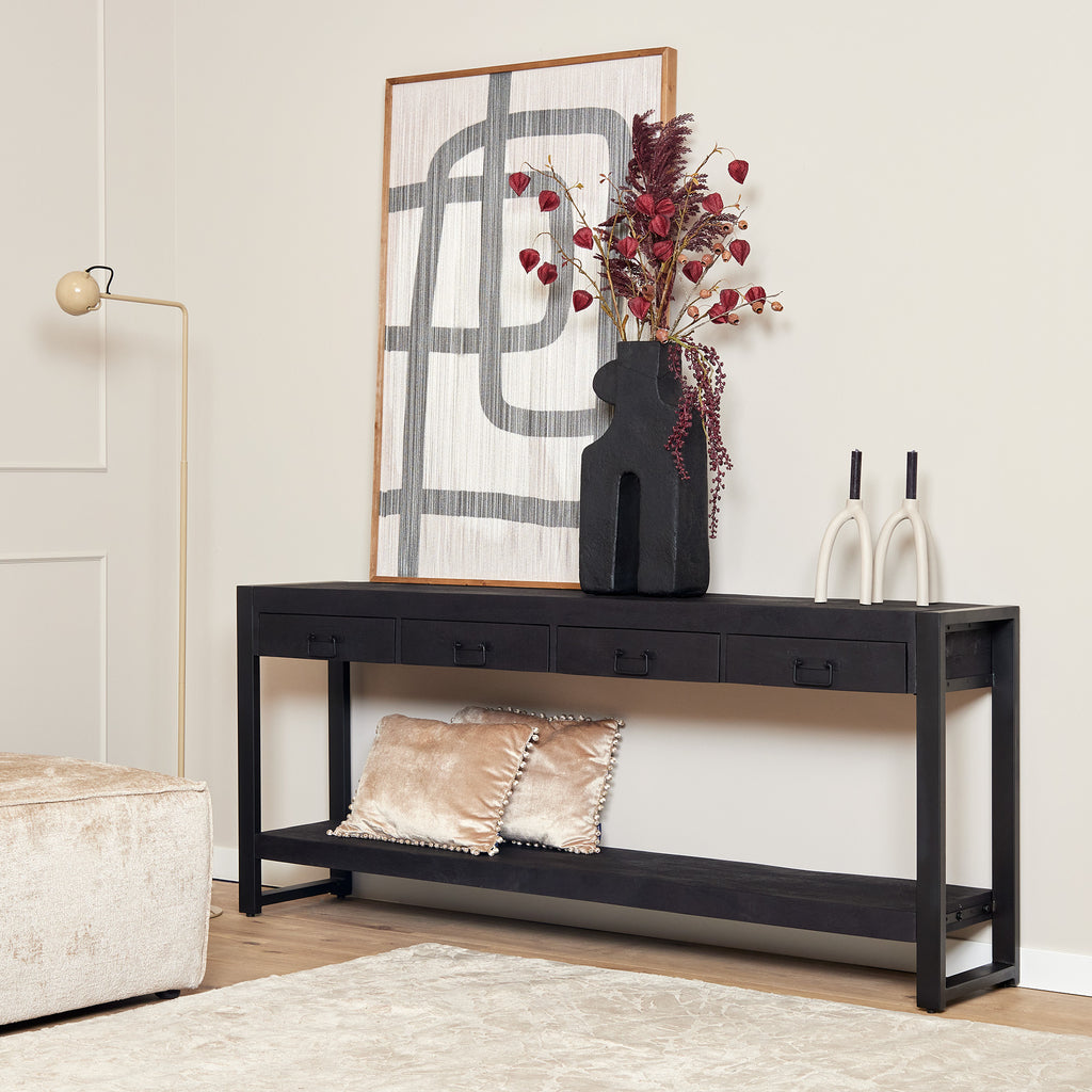 Sideboard Bori Black – Beistelltisch aus Mangoholz mit 4 Schubladen & schwarzen Metallakzenten, 180 x 35 x 76 cm