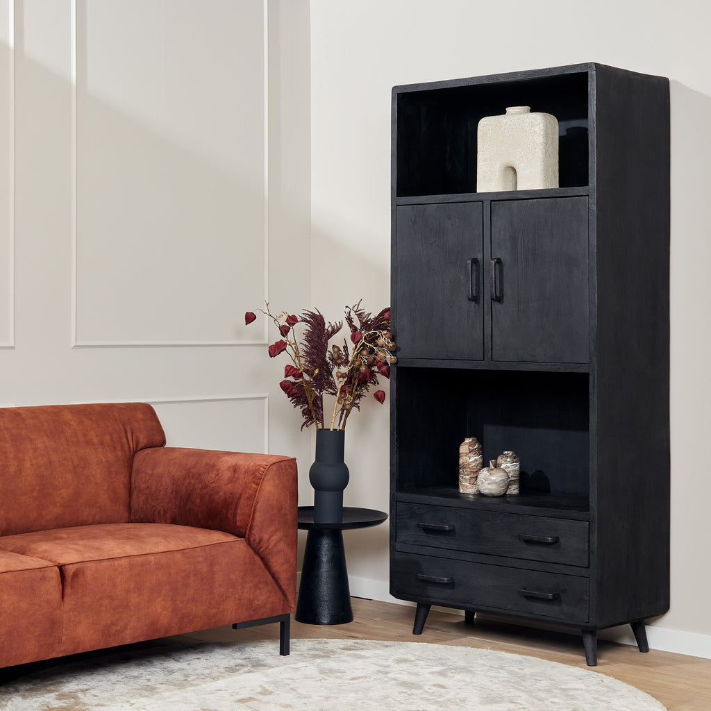 Regalschrank Raven Schwarz – Mangoholz, 2 Türen & 2 Schubladen, 90 x 45 x 200 cm