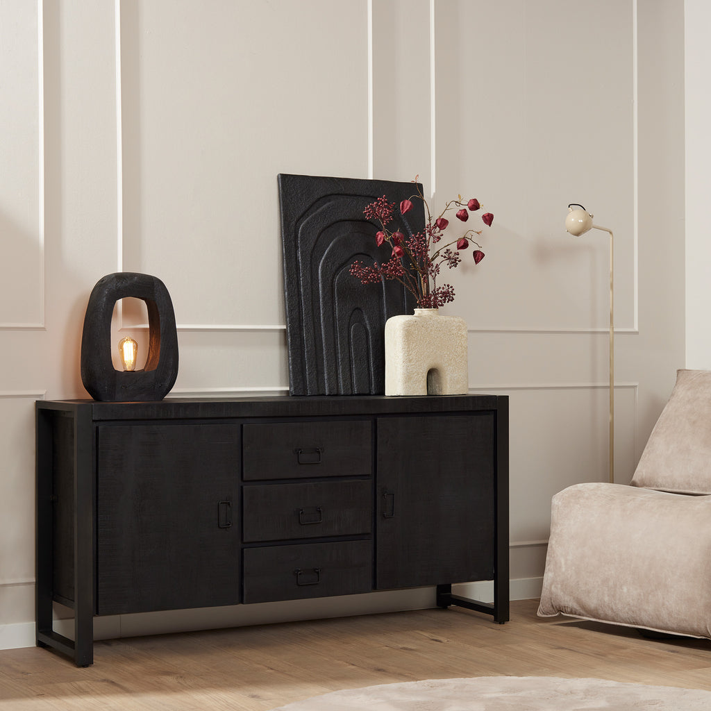 Sideboard Boaz Black – Mangoholz mit schwarzem Metallgestell & Holzstreifen, 160 x 40 x 80 cm