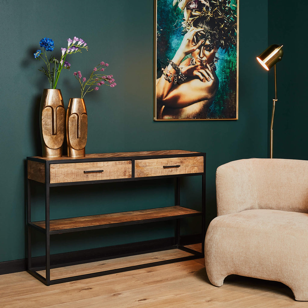 Beistelltisch Aloy – Mangoholz & Metall mit 2 Schubladen und Ablage, 120 x 35 x 76 cm, moderner Konsolentisch in Schwarz