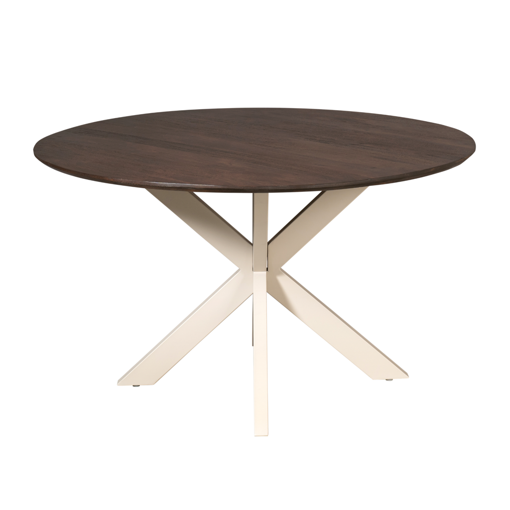 Esstisch Mandy Braun – Runder Tisch aus Mangoholz mit sandfarbenem Metallgestell, Ø150 x 76 cm