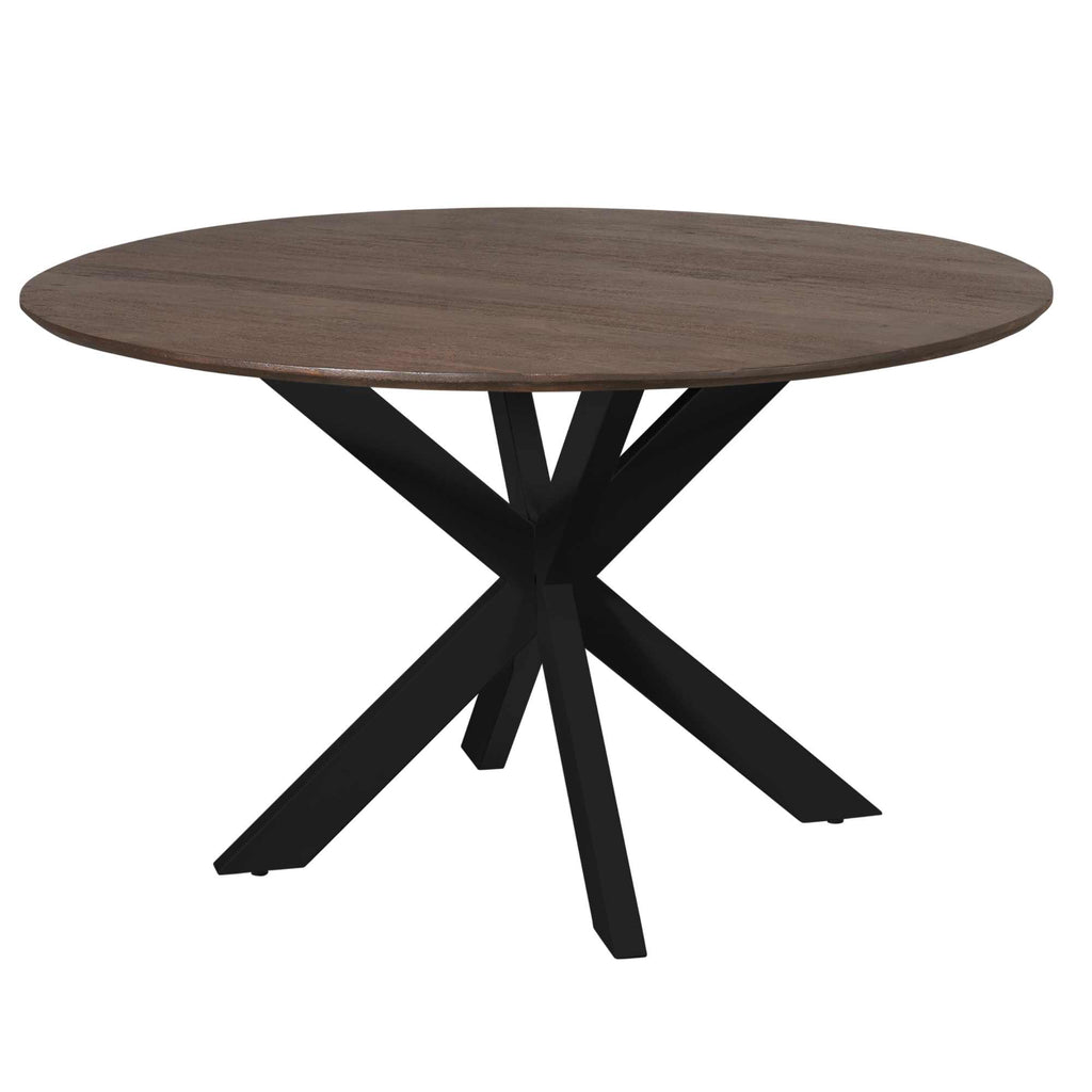 Esstisch Mandy Braun – runder Tisch aus Mangoholz mit schwarzem Metallgestell, Ø150 cm, Höhe 76 cm, modern & elegant