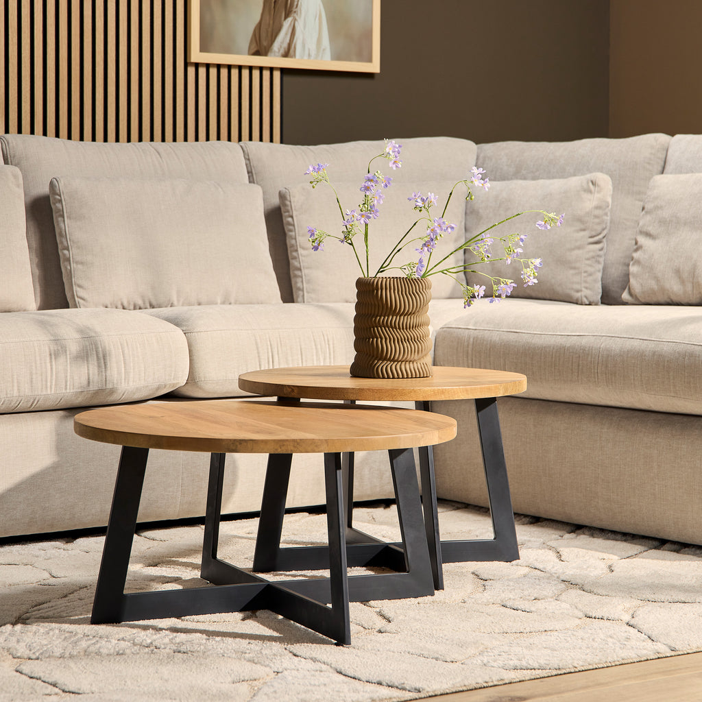 Couchtisch-Set Maro – Mangoholz & schwarzes Metallgestell, 2 Tische Ø70/60 cm