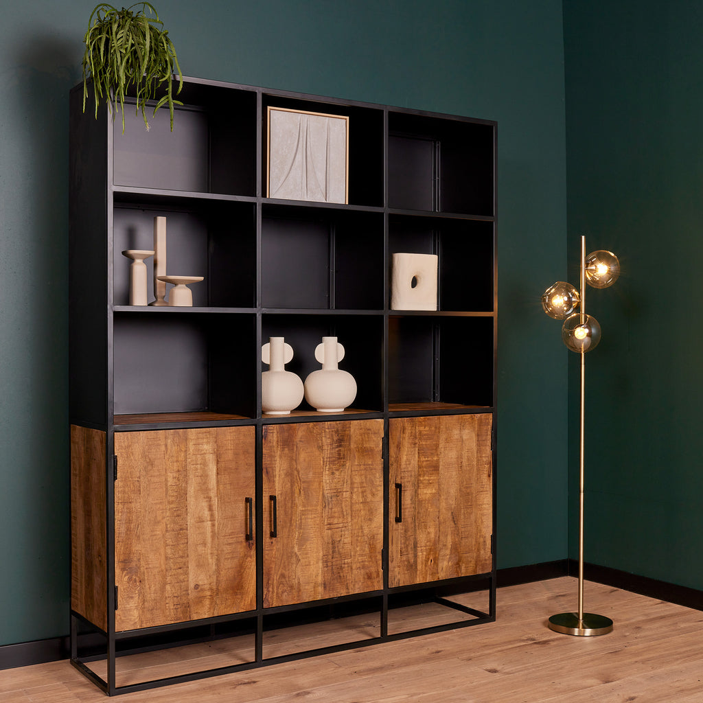 Bücherregal Orlen – Mangoholztüren & Fächer, 160 x 40 x 200 cm, stilvolles Design