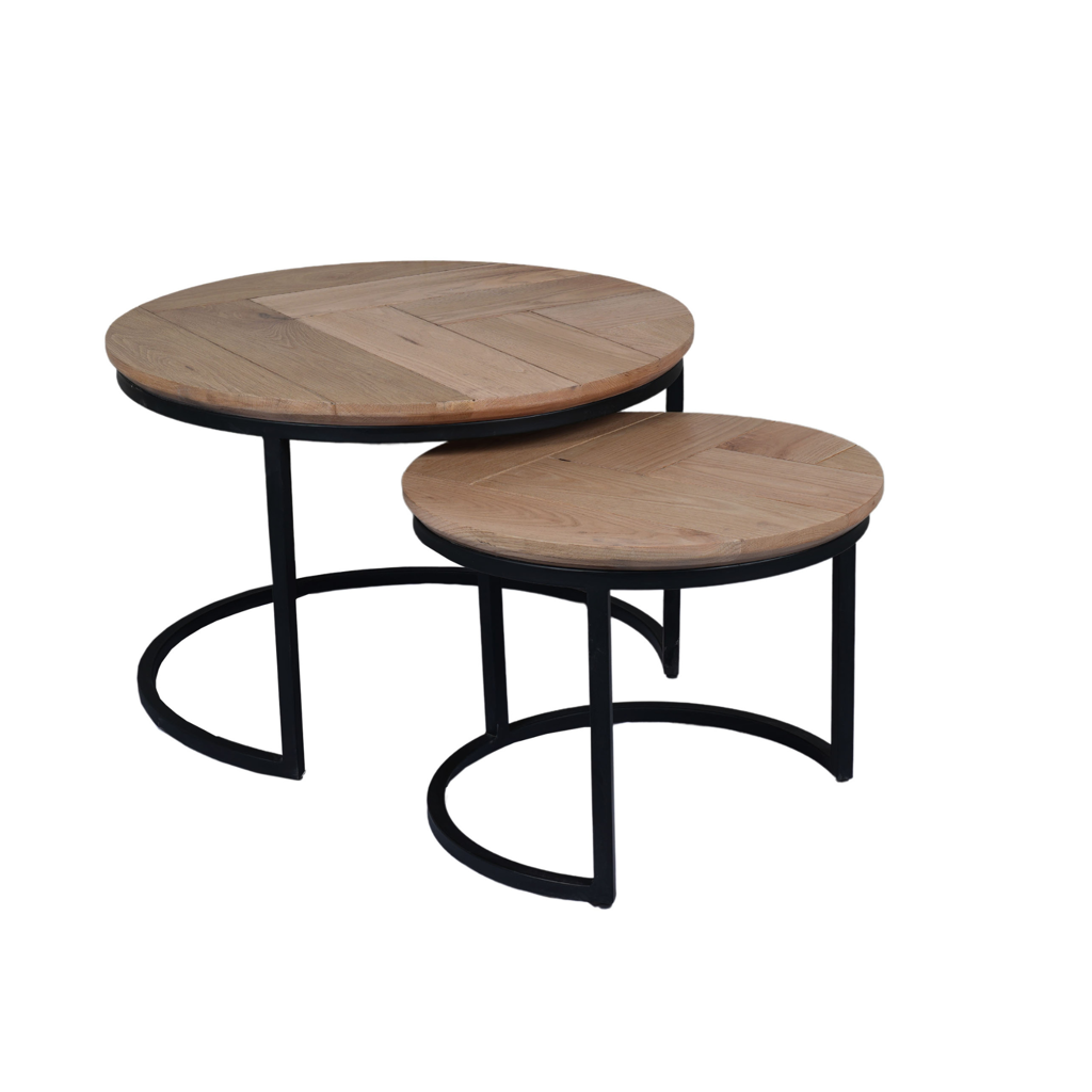 Couchtisch Morily 2er Set Ø70 & Ø50 cm – runde Eichenholz-Tischplatten & schwarze Metallbeine