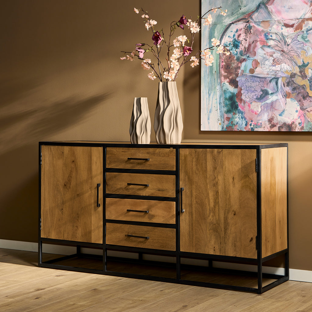 Sideboard Delta 165x45x85 cm – Massive Mangoholz Kommode mit Metallgestell, 4 Schubladen & 2 Türen