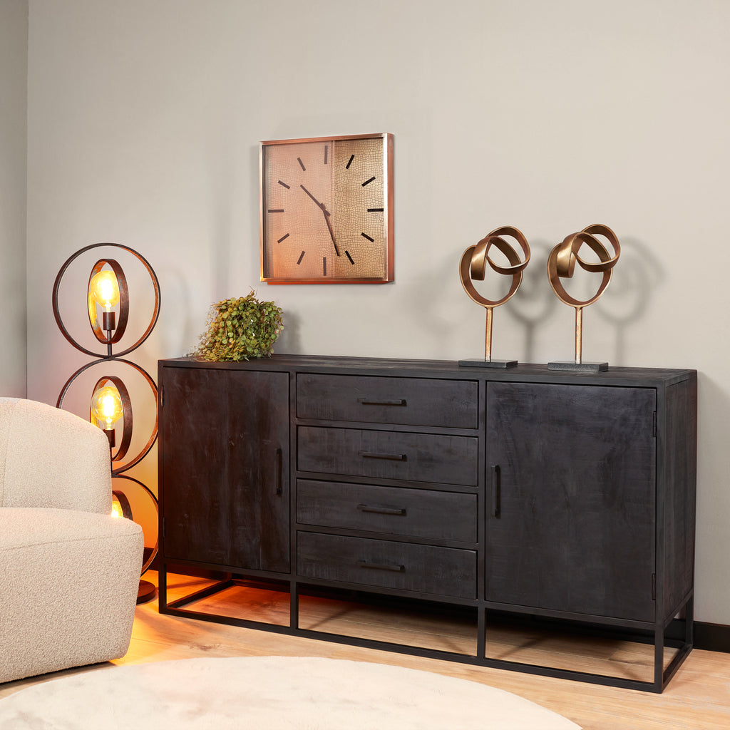 Sideboard Delta Schwarz – Kommode aus Mangoholz mit Metallrahmen, 4 Schubladen & 2 Türen, 164 x 45 x 85 cm