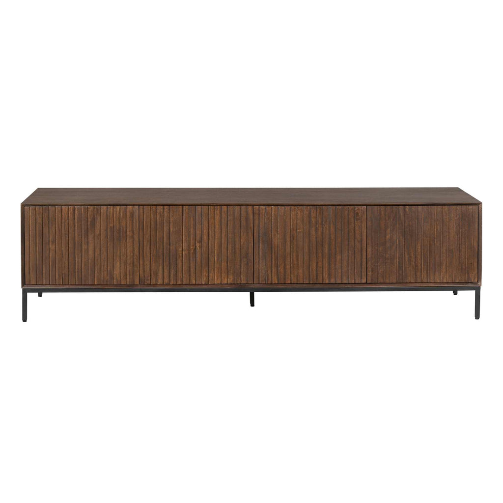 TV-Board Mandy Braun 210 x 45 x 55 cm – Mangoholz mit 4 Türen & Lattenmuster