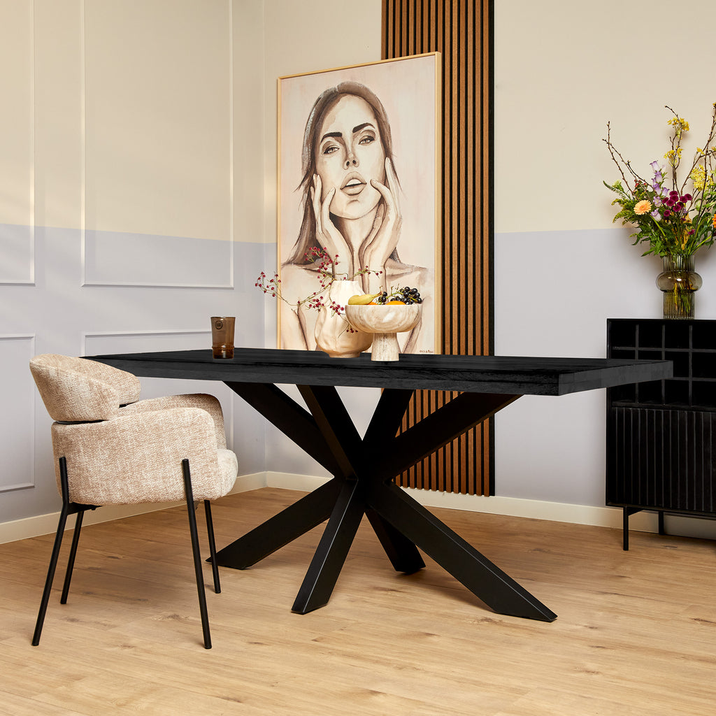 Esstisch Delta Schwarz – Rechteckiger Tisch aus Mangoholz mit schwarzer Lackierung & Metall-Matrixgestell, 180 x 90 x 76 cm