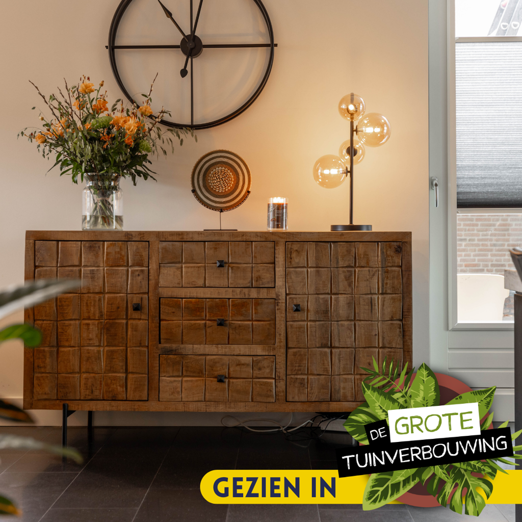 Sideboard Jacky – Mangoholz mit Metallbeinen, 2 Türen & 3 Schubladen, geschnitztes Blockmuster, 160 x 40 x 90 cm