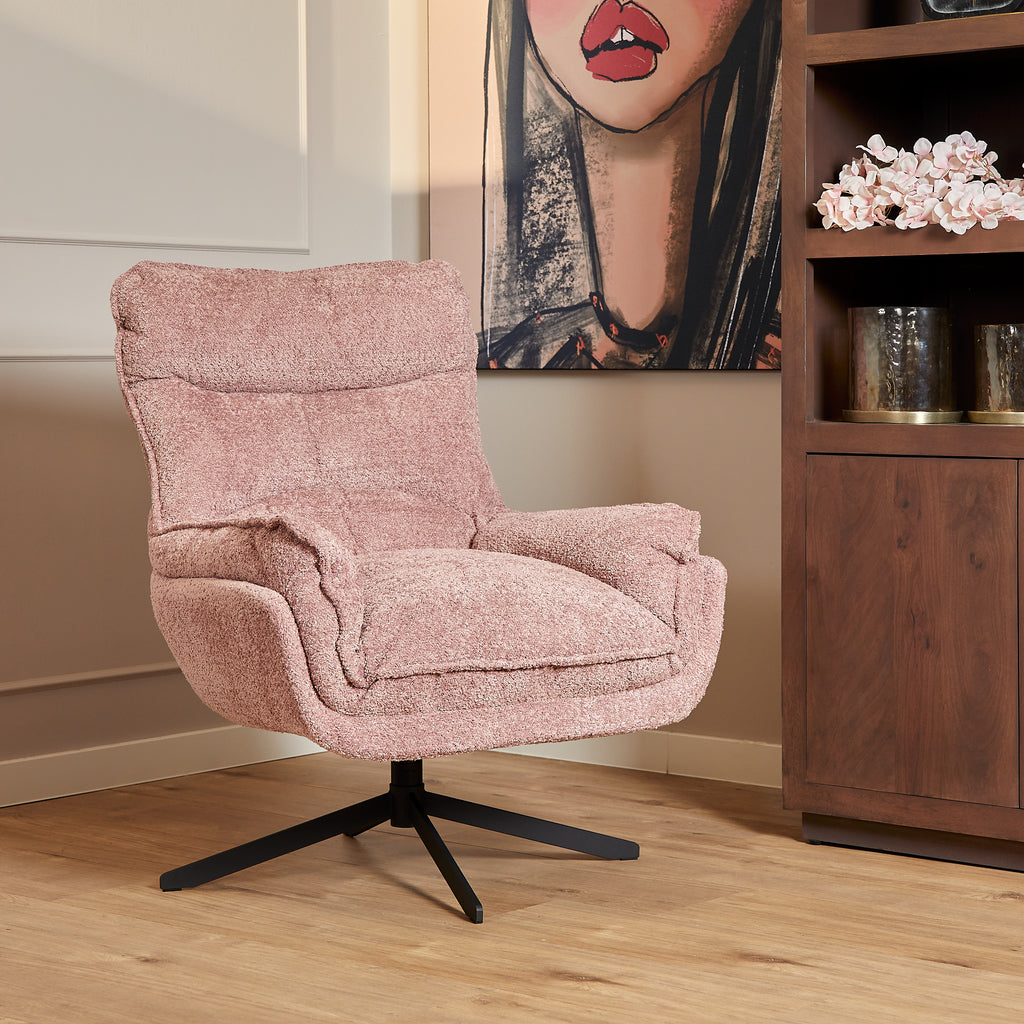 Sessel Vera – moderner Drehsessel mit Metallgestell & Polyesterbezug, 82 x 95 x 96,5 cm, Pink