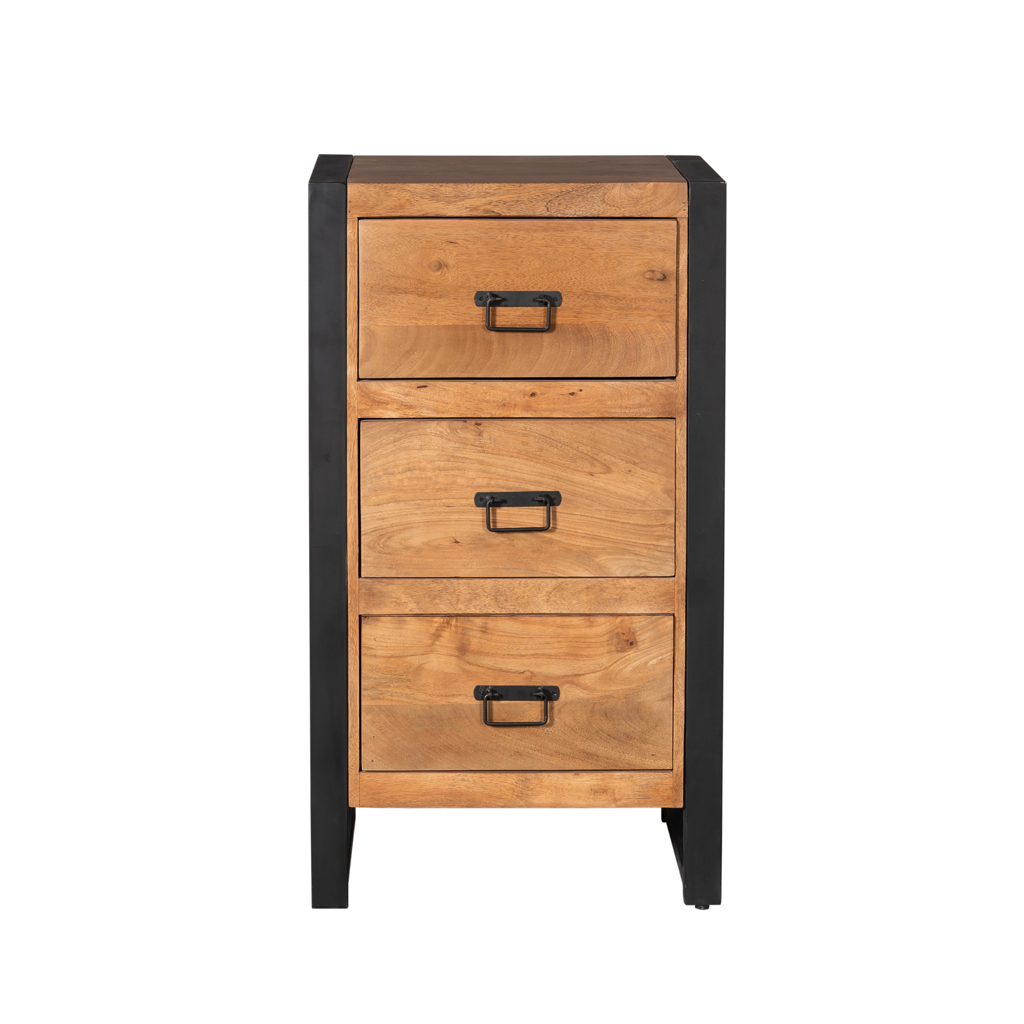 Highboard Boaz – Kompakter Schrank aus Mangoholz mit schwarzen Metallakzenten & 3 Schubladen, 55 x 40 x 100 cm