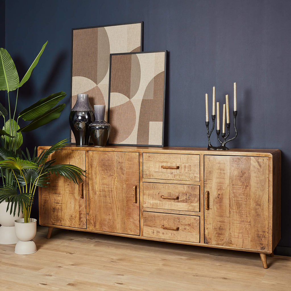 Sideboard Raven – Mangoholz mit lackierten Holzelementen, 3 Türen & 3 Schubladen, 220 x 45 x 90 cm